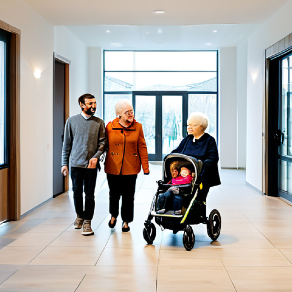 A diverse group of residents from a multi-generational community interacting in the bright, modern lobby of a German multi-family home. An elderly woman is chatting with a young family pushing a stroller, while a person in a wheelchair comfortably navigates towards a wide, accessible elevator. The architecture is clean and contemporary, emphasizing natural light and spacious, barrier-free design. All individuals are fully clothed in modest, appropriate attire. Professional photography, high quality, natural pose, perfect anatomy, correct proportions, well-formed hands, proper finger count, natural body proportions, safe for work, appropriate content, family-friendly, professional dress.
