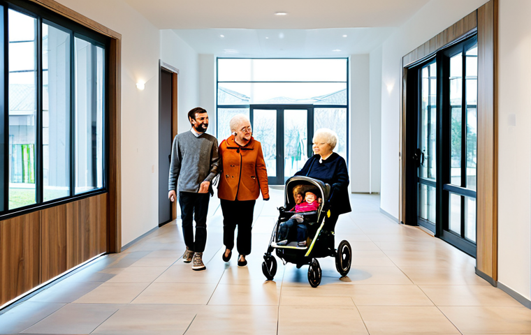 A diverse group of residents from a multi-generational community interacting in the bright, modern lobby of a German multi-family home. An elderly woman is chatting with a young family pushing a stroller, while a person in a wheelchair comfortably navigates towards a wide, accessible elevator. The architecture is clean and contemporary, emphasizing natural light and spacious, barrier-free design. All individuals are fully clothed in modest, appropriate attire. Professional photography, high quality, natural pose, perfect anatomy, correct proportions, well-formed hands, proper finger count, natural body proportions, safe for work, appropriate content, family-friendly, professional dress.