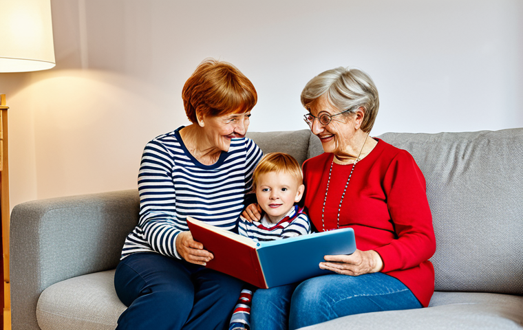 Flexible Childcare**
"A happy family scene in a modern German home. Grandma reading a story to two grandchildren while the mother works on a laptop nearby. Warm, inviting atmosphere. Safe for work, appropriate content, fully clothed, family-friendly, professional photography, perfect anatomy, natural proportions, modest clothing."
**