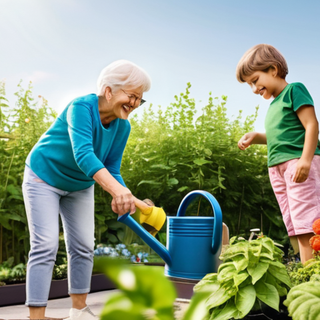 다세대 주거에서의 공동체 활동 사례 - **Prompt 1: Joyful Intergenerational Garden Play**
A vibrant, sun-drenched community garden at a...
