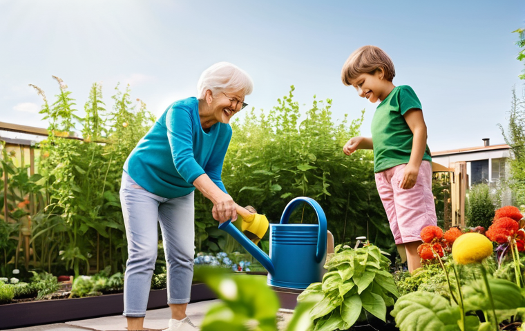 다세대 주거에서의 공동체 활동 사례 - **Prompt 1: Joyful Intergenerational Garden Play**
A vibrant, sun-drenched community garden at a...