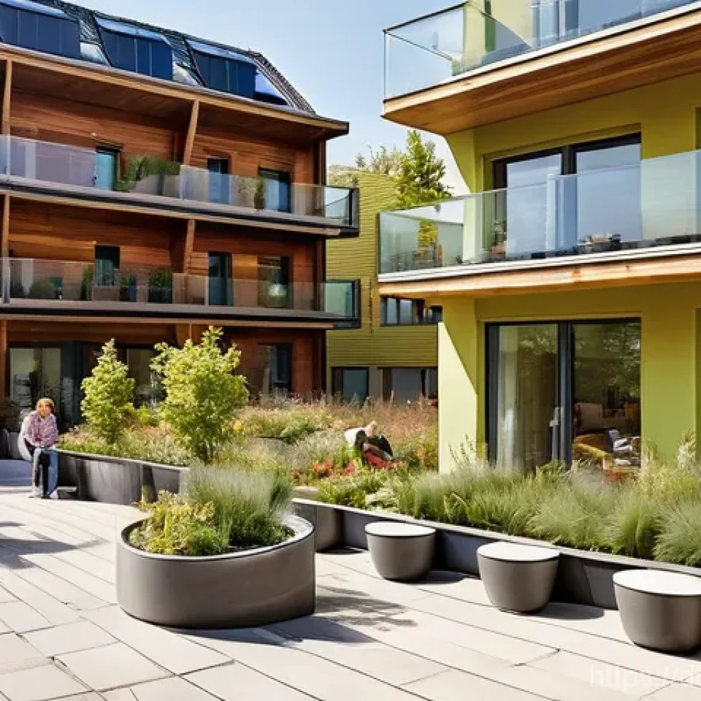 다세대 주거의 건축가 인터뷰 사례 - **Prompt:** A vibrant, contemporary multi-family residential complex in a German urban setting, show...