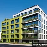 Home 18 다세대 주거의 미래 시장 전망 - A modern multi-family residential building in an urban German setting, featuring modular architectur...