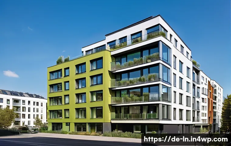 다세대 주거의 미래 시장 전망 - A modern multi-family residential building in an urban German setting, featuring modular architectur...